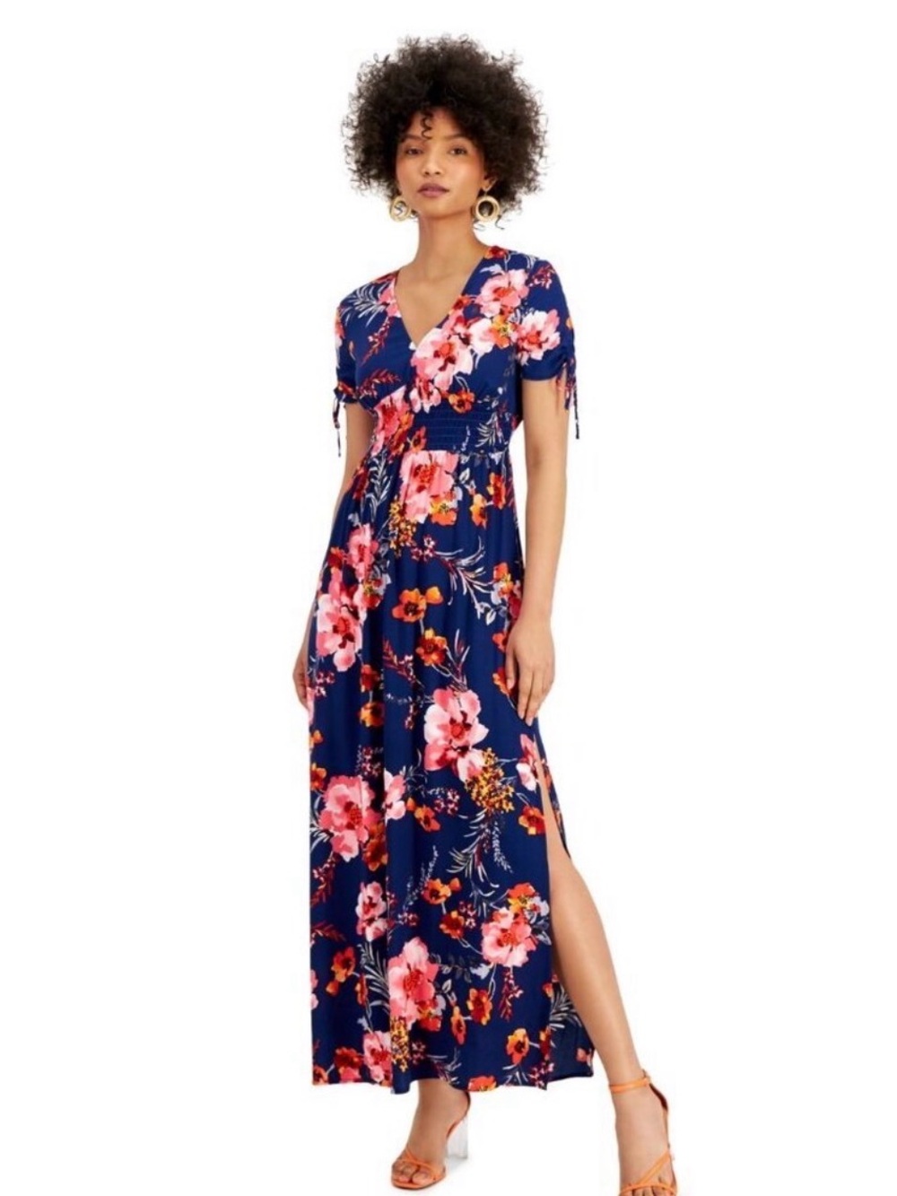 Bar III Navy Floral Maxi Dress Smocked Waist Side Slits S